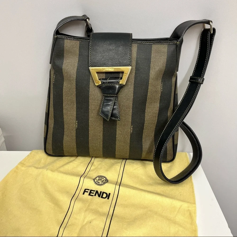 ❤️SOLD❤️ Vintage Fendi Pequin Shoulder Bag Black and Brown Striped Fabulous - Picture 1 of 13